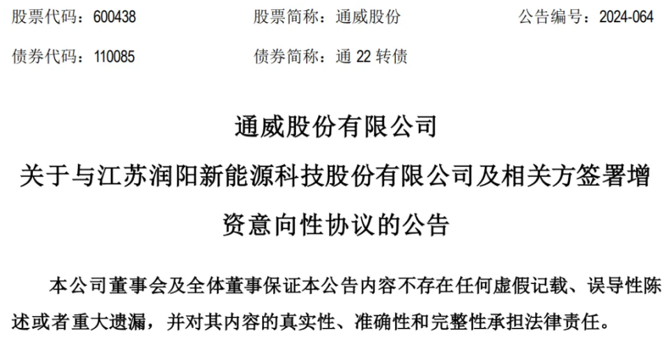 通威股份回应润阳股份部分产能停产：增资和收购尚在推进 交易存调整或终止风险