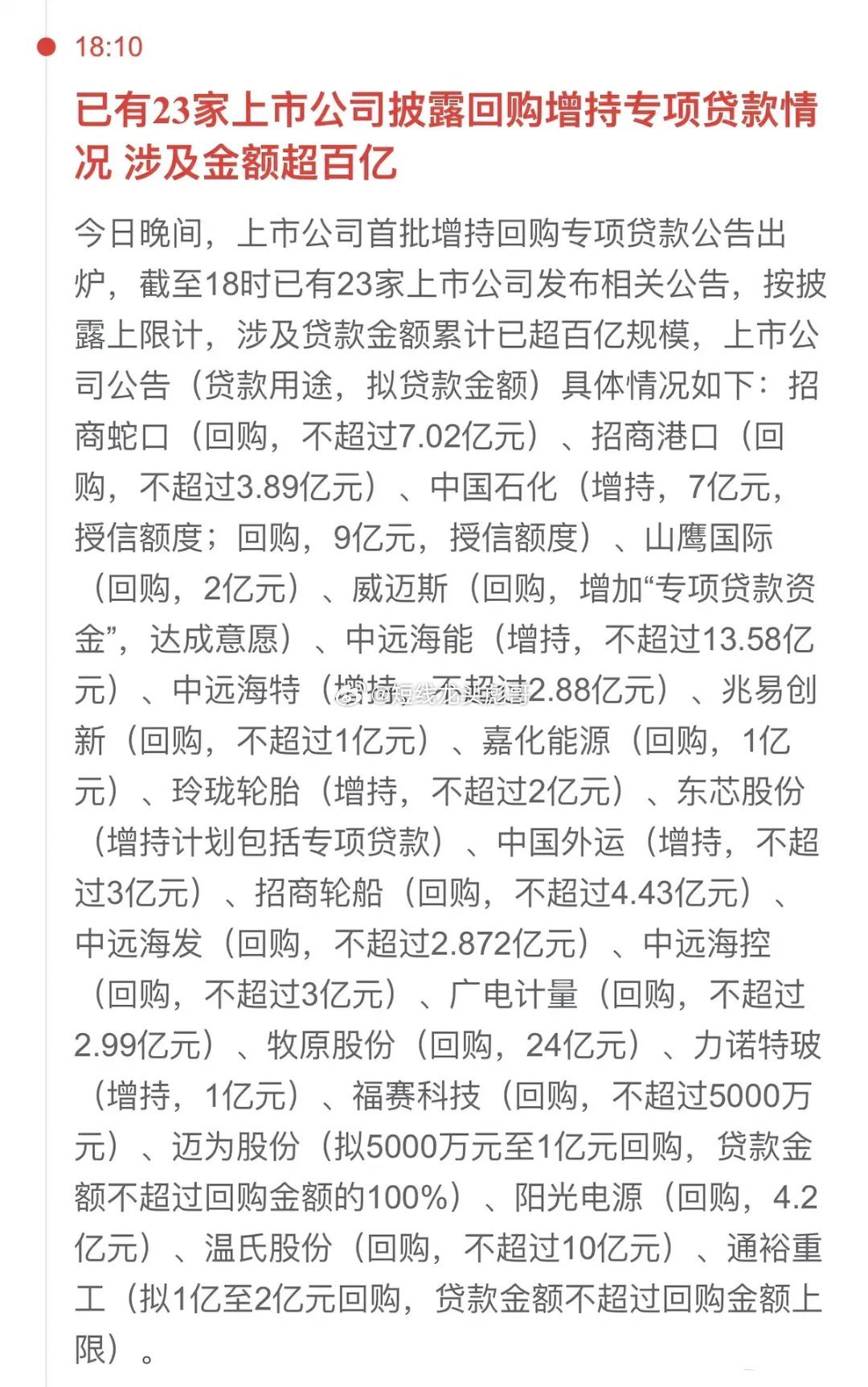 沪市披露利用专项贷款进行增持回购公告已达78份，贷款总额突破160亿